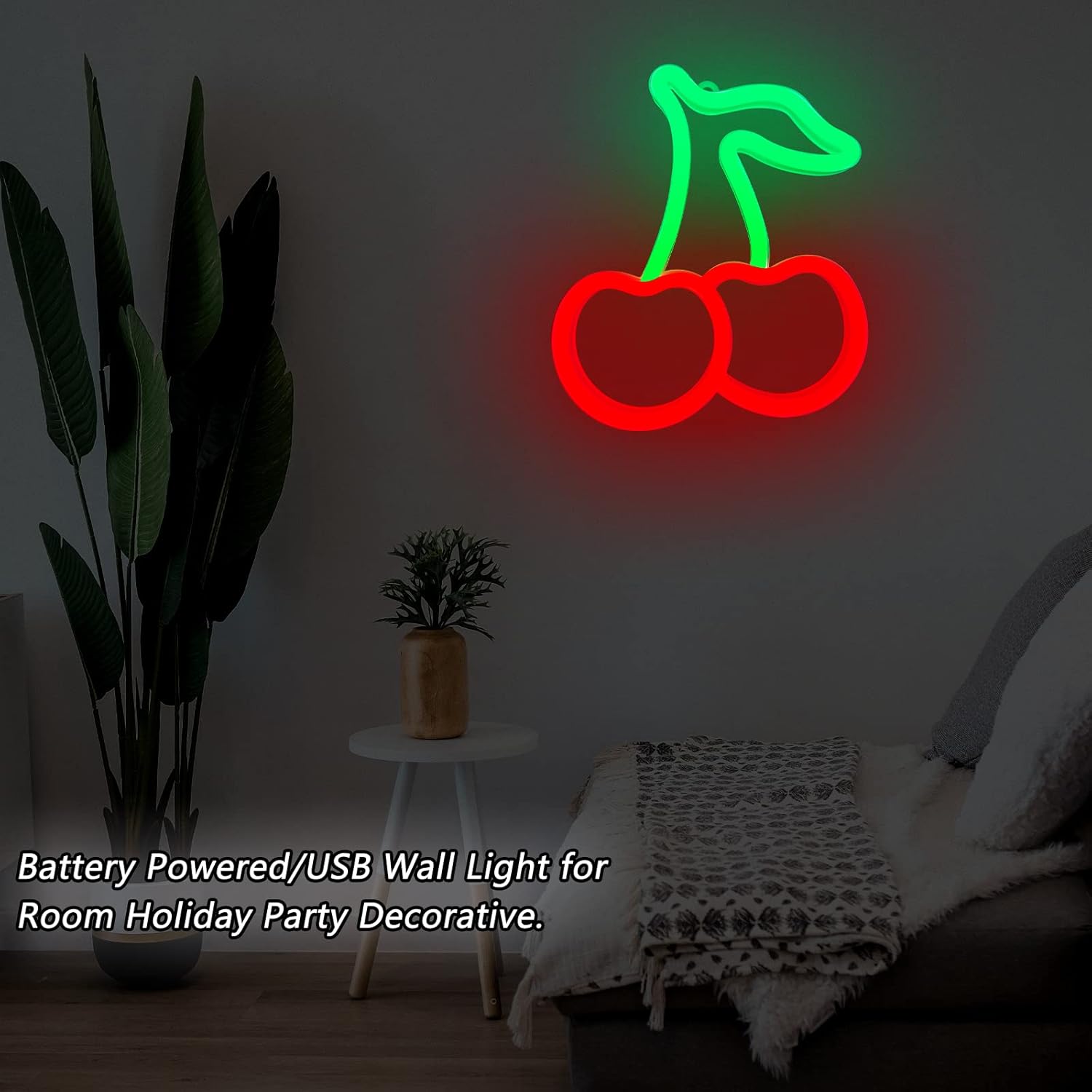Cherry Neon Sign - Cute Birthday Gift for Her, USB LED Wall Decor for Bedroom