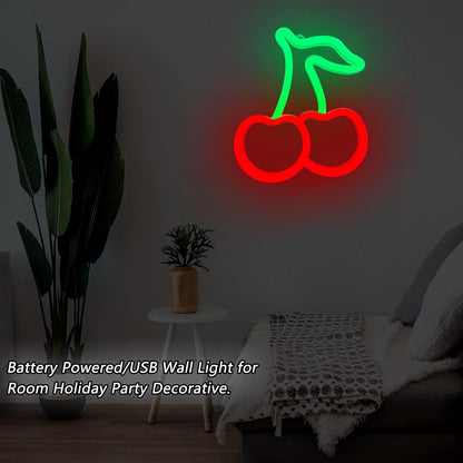 Cherry Neon Sign - Cute Birthday Gift for Her, USB LED Wall Decor for Bedroom