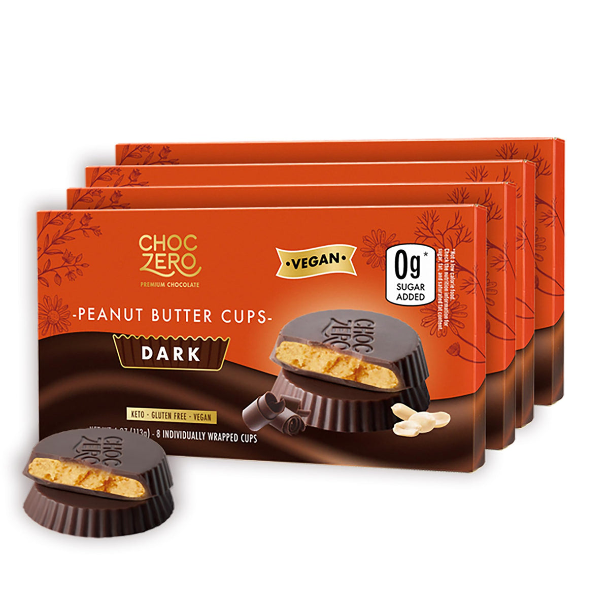 ChocZero Dark Chocolate Peanut Butter Cups, Vegan, Sugar Free, Low Carb Snack, High Fiber, Keto Friendly, 32 Total Cups (4 Ounce, Pack of 4)