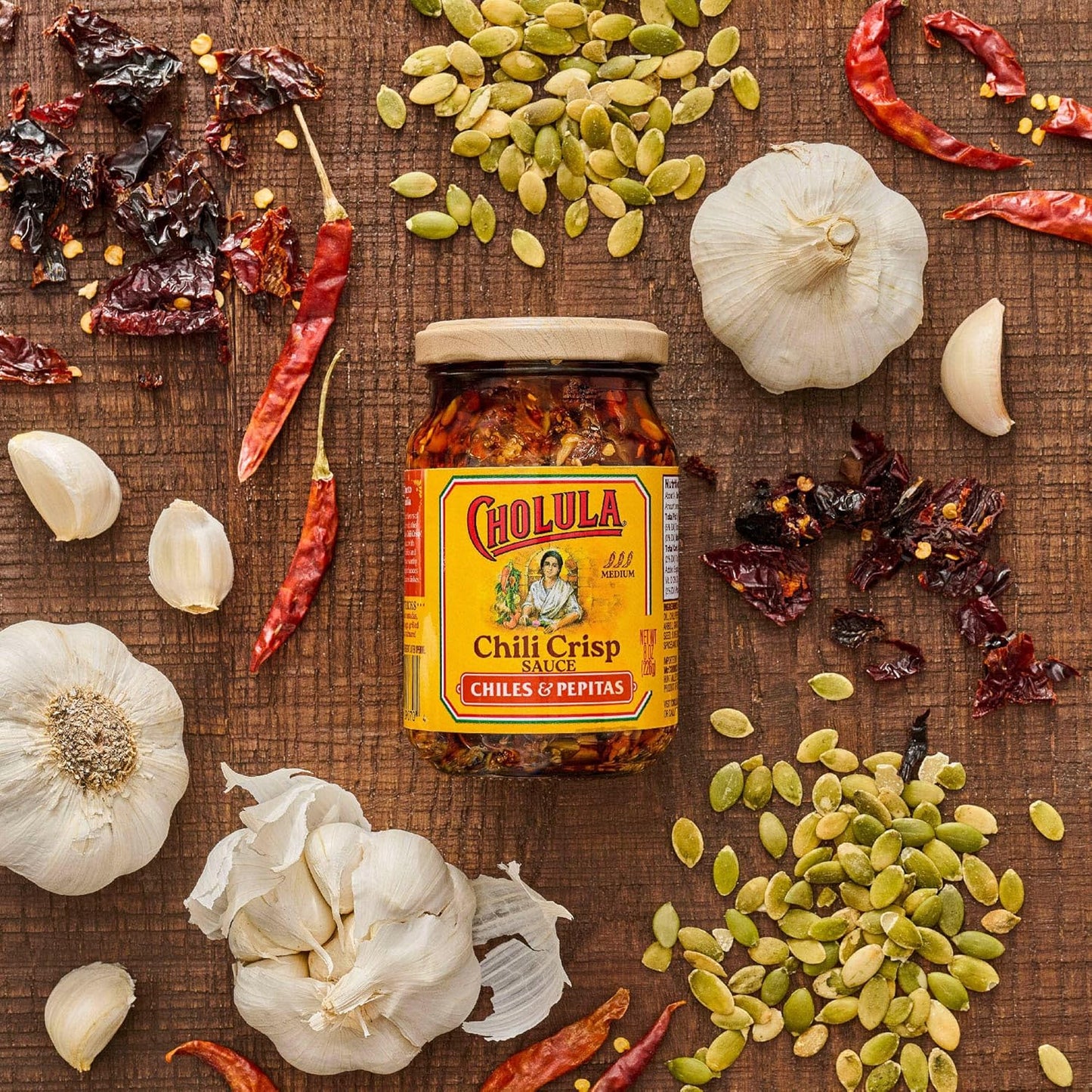 Cholula Chili Crisp Chiles & Pepitas – Backyard Grilling Sauce for Burgers, Hot Dogs and Grilled Veggies, 8 oz