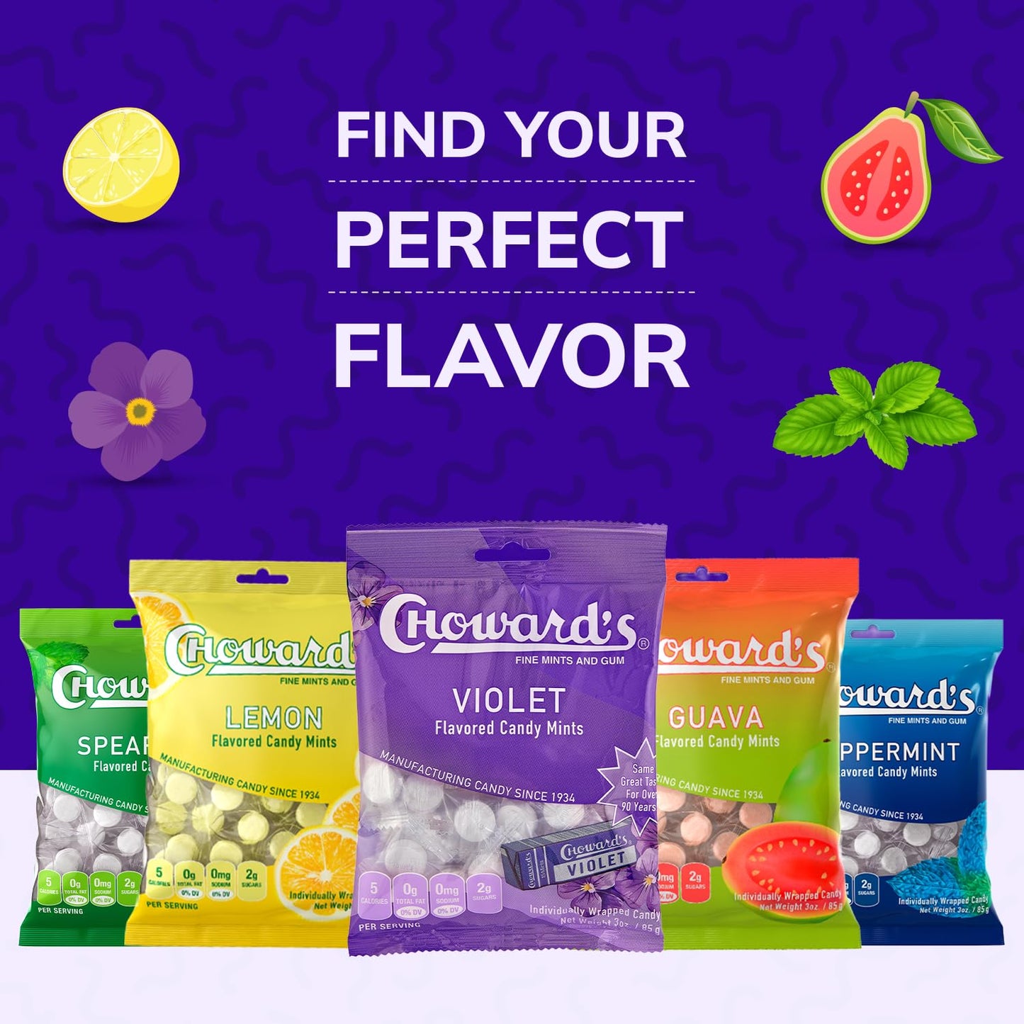 Choward's Violet Mints Candy Bag – Vintage Birthday Gift for Her, Individually Wrapped Floral Sweets in 3-Pack Bundle