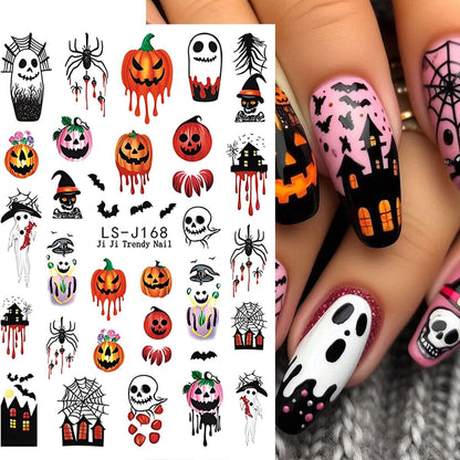 classic halloween motifs including pumpkin, ghost, skull, bat, spider web, and maple leaf