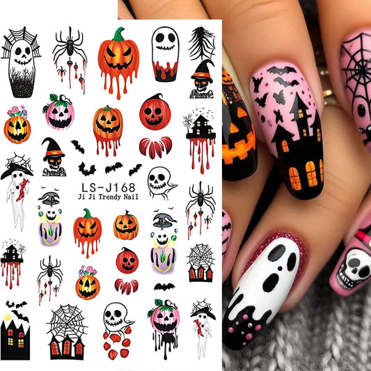 classic halloween motifs including pumpkin, ghost, skull, bat, spider web, and maple leaf