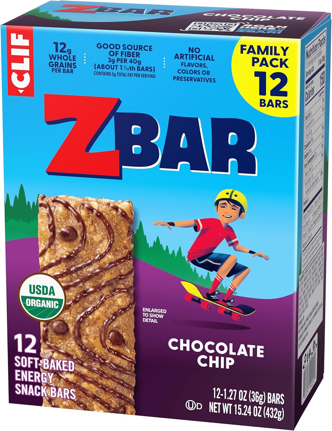 CLIF Kid Zbar Chocolate Chip Soft-Baked Bars for School Lunchboxes and After-Snack Time – 12 Individually Wrapped Organic Granola Bars