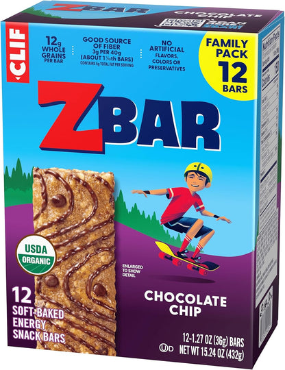 CLIF Kid Zbar Chocolate Chip Soft-Baked Bars for School Lunchboxes and After-Snack Time – 12 Individually Wrapped Organic Granola Bars