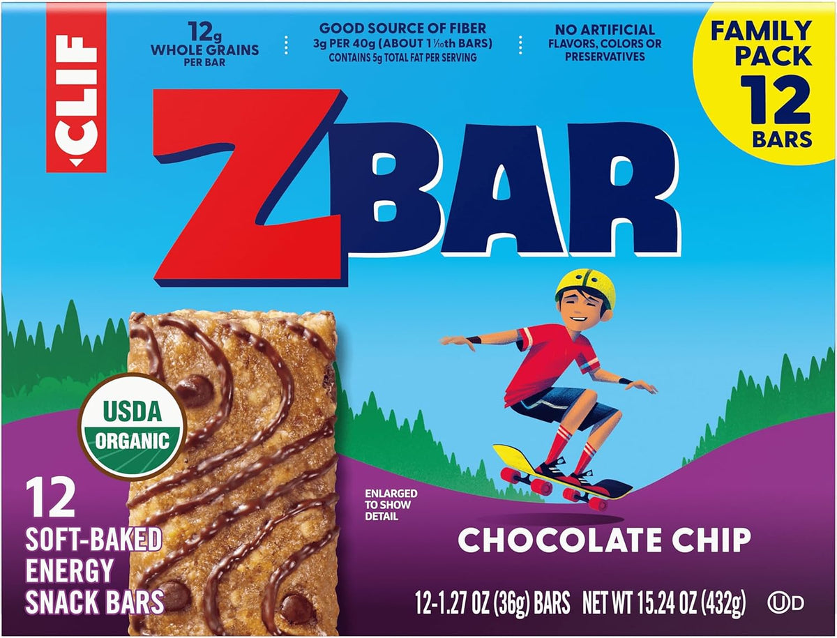 CLIF Kid Zbar Chocolate Chip Soft-Baked Bars for School Lunchboxes and After-Snack Time – 12 Individually Wrapped Organic Granola Bars