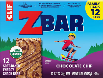 CLIF Kid Zbar Chocolate Chip Soft-Baked Bars for School Lunchboxes and After-Snack Time – 12 Individually Wrapped Organic Granola Bars