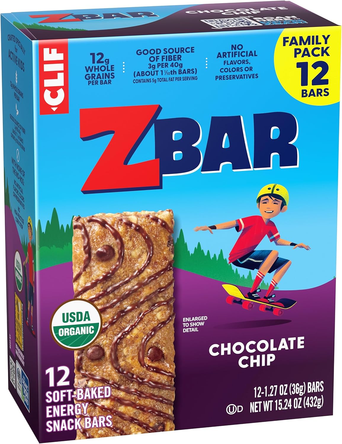 CLIF Kid Zbar Chocolate Chip Soft-Baked Bars for School Lunchboxes and After-Snack Time – 12 Individually Wrapped Organic Granola Bars