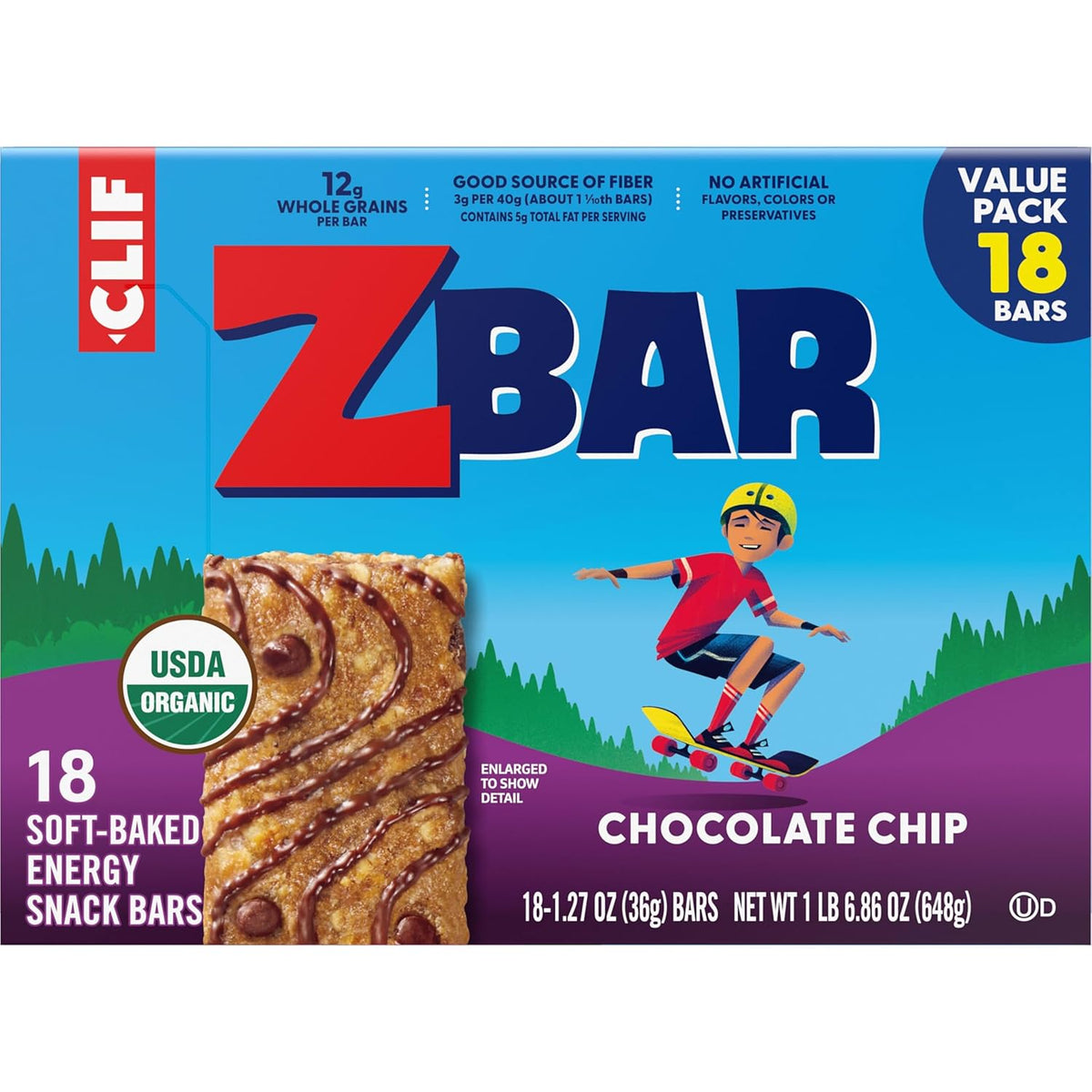 Clif Kid Zbar Chocolate Chip Soft-Baked Snack Bars – Lunchbox-Friendly Organic Treats for School-Age Kids (18 Pack)