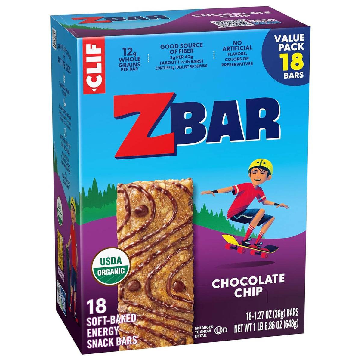 Clif Kid Zbar Chocolate Chip Soft-Baked Snack Bars – Lunchbox-Friendly Organic Treats for School-Age Kids (18 Pack)
