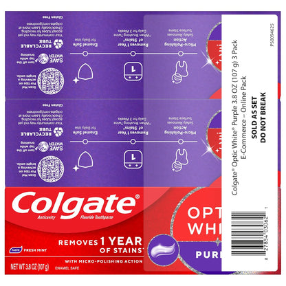 Colgate Optic White Purple Teeth Whitening 3-Pack – Housewarming Gift for Coffee Lovers, Enamel-Safe Formula