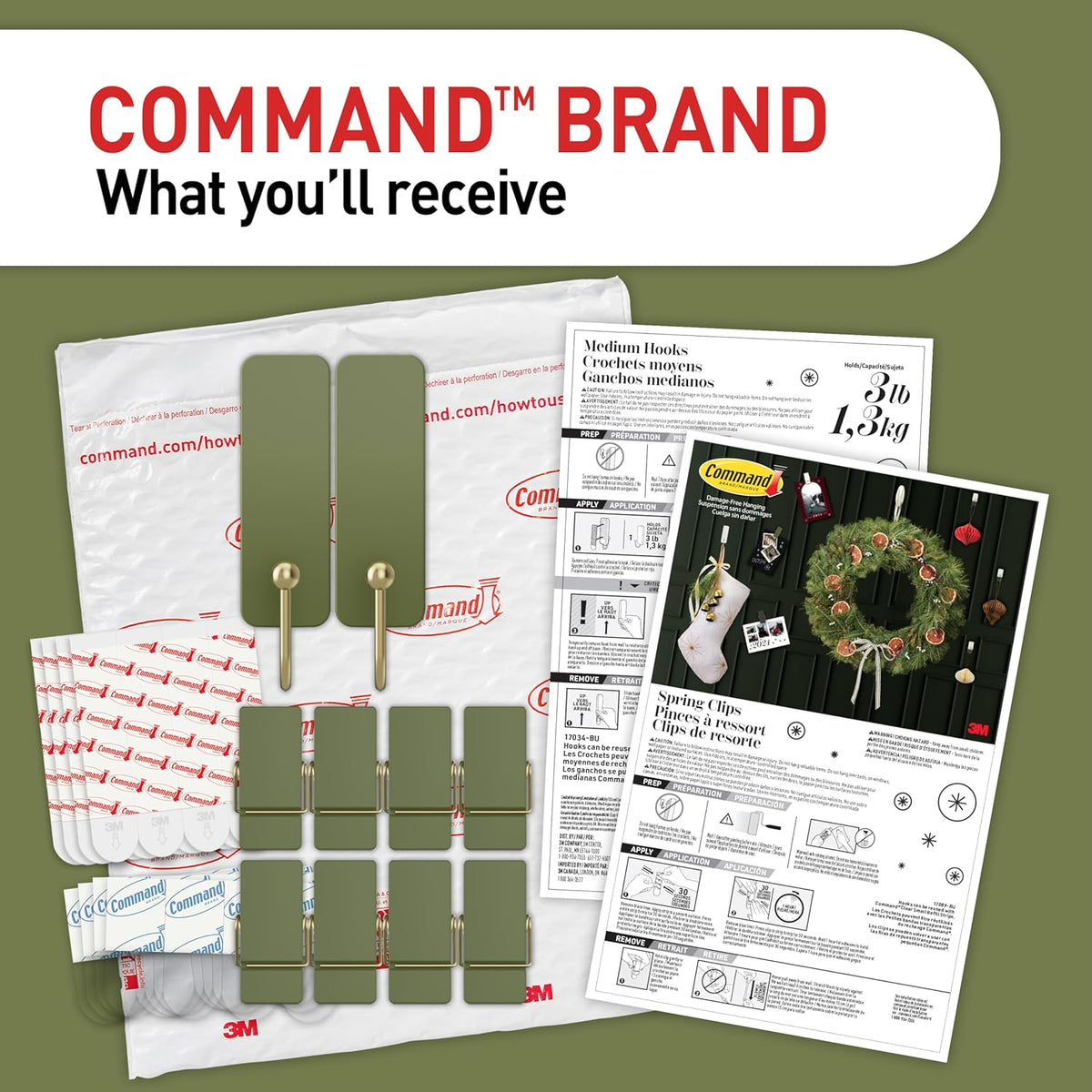 Command Mixed Hooks Pack, Sage Holiday Hooks for Christmas Mantel Styling and Seasonal Wall Decor