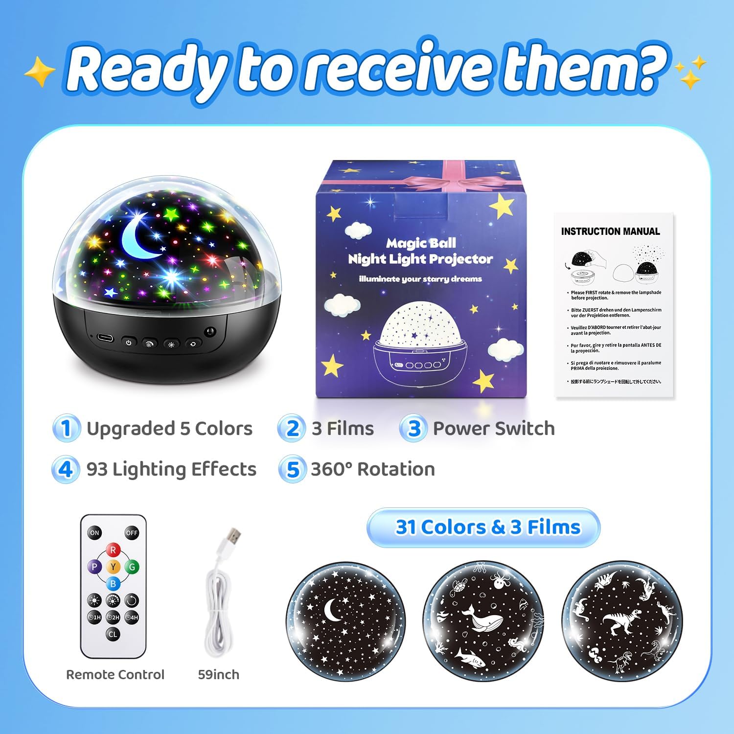 COOLNIGHT Kids Night Light Projector – Safe Nursery Sleep Aid for Toddlers, 3 Films 93 Lighting Modes
