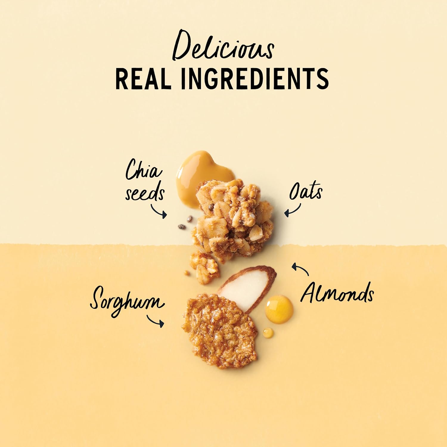 crispy flakes combined with crunchy almond and superfood clusters for texture contrast