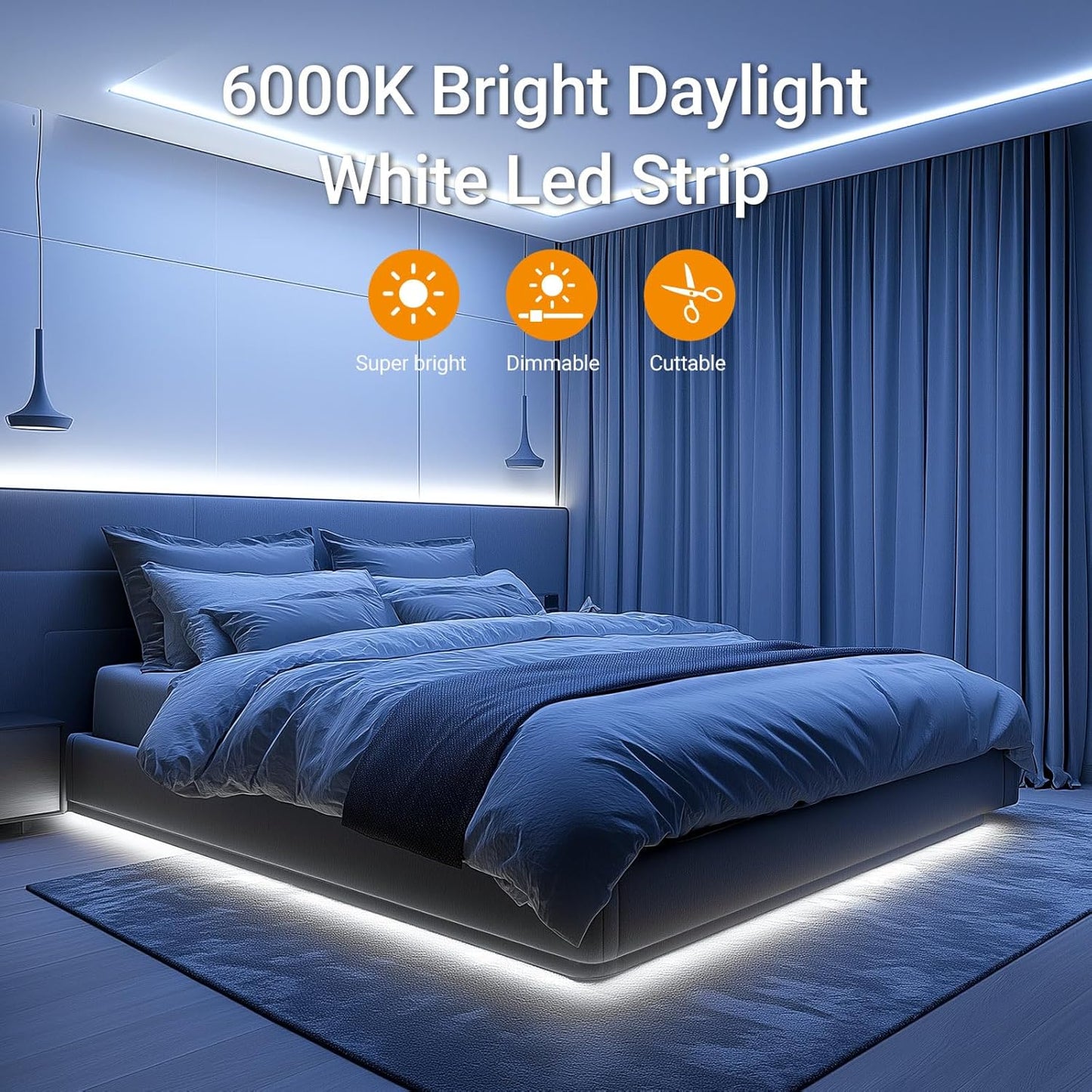 CT CAPETRONIX White LED Strip Light – Modern Bedroom Decor Accent, Dimmable 6000K Tape for Headboard and Living Room Ambiance