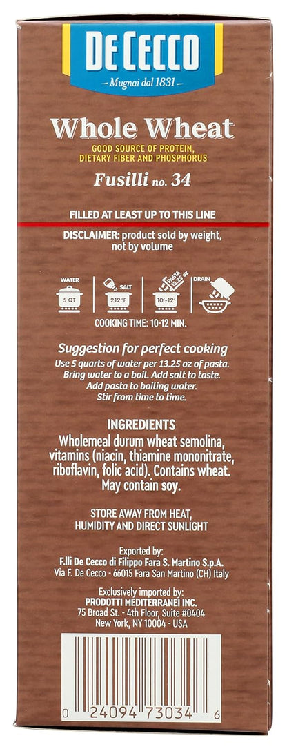 De Cecco Whole Wheat Fusilli – Diabetic-Friendly Bronze-Cut Pasta for Balanced Meal Prep