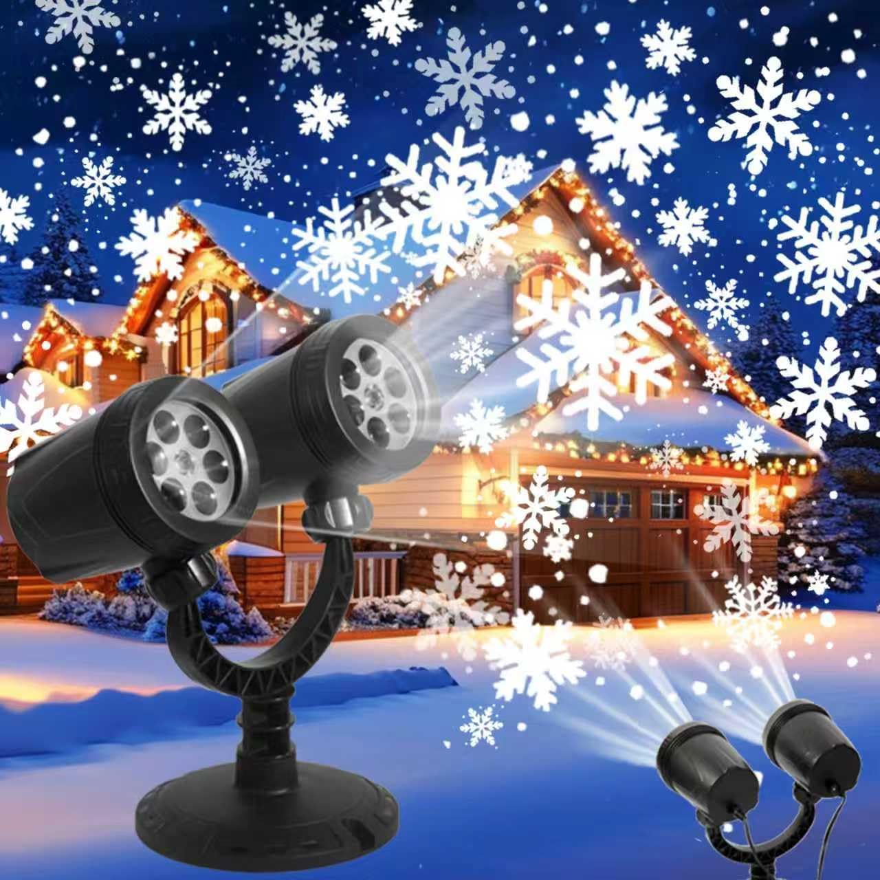 double-head led projector emitting four dynamic snowflake patterns