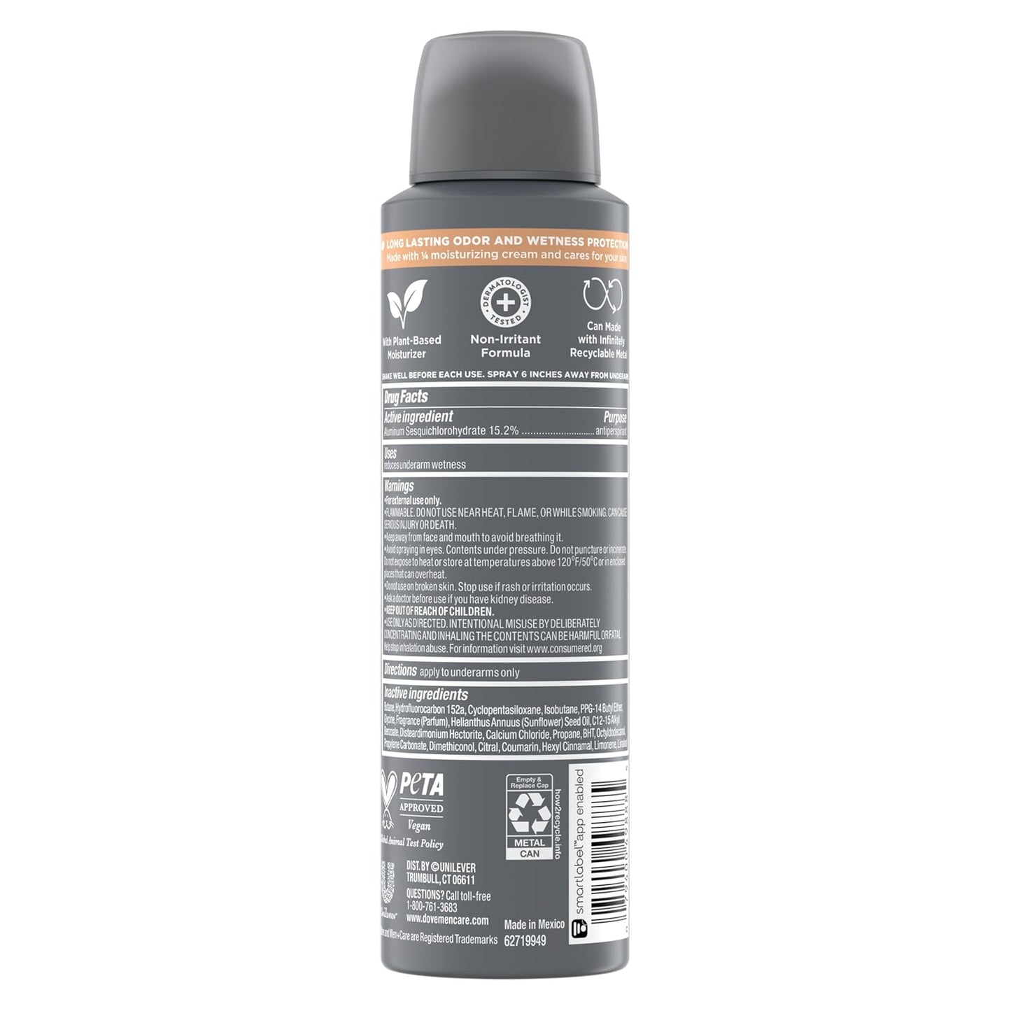 DOVE MEN + CARE Dry Spray Antiperspirant Cedarwood + Tonka 4 Count 72H Protection Plant-Based Moisturizer 3.8 oz – Paraben-Free and Cruelty-Free Formula for Health-Conscious Men