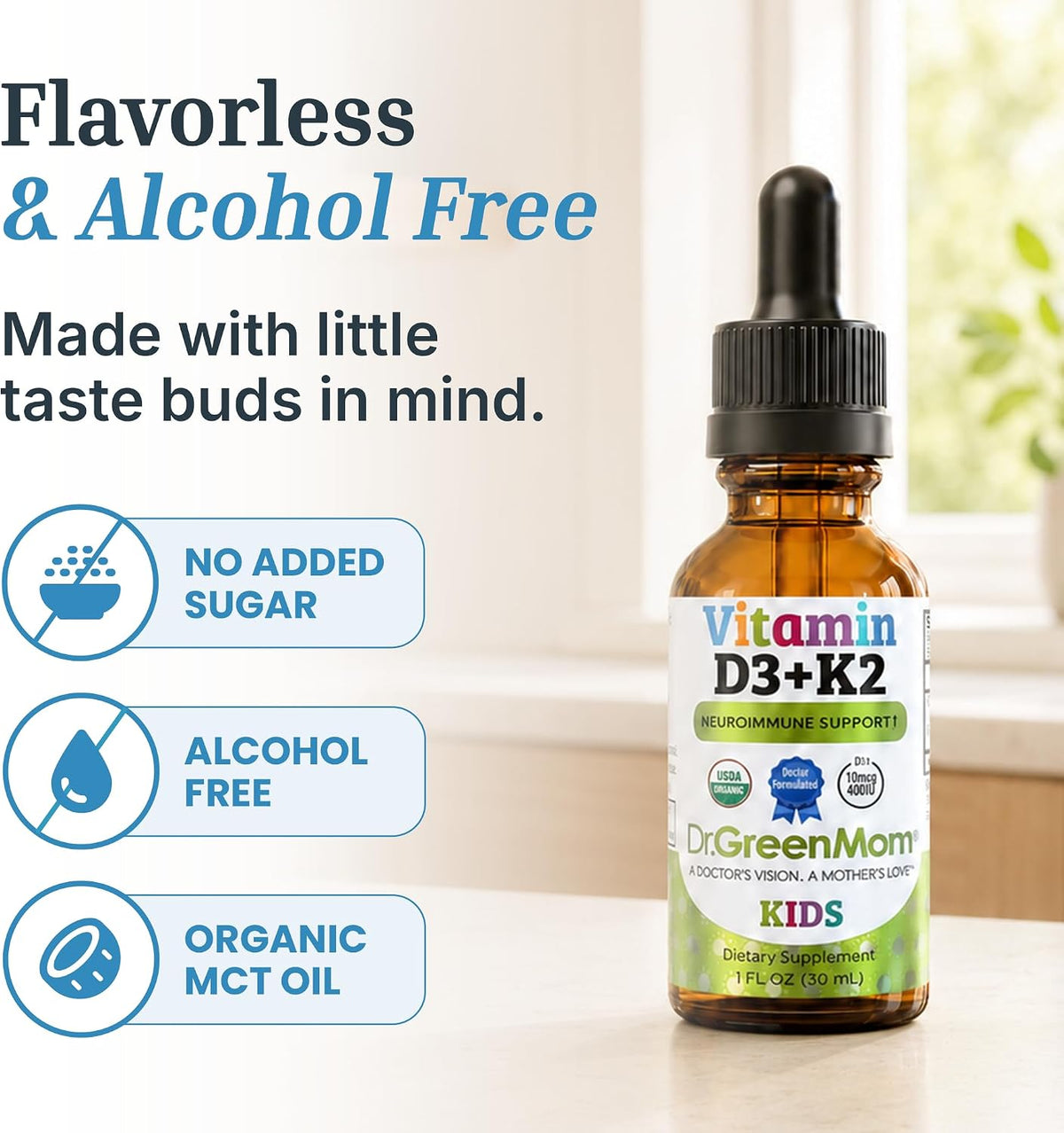 Dr. Green Mom Clean-Label Vitamin D K2 Drops — USDA Organic & Non-GMO Project Verified for Worry-Free Dosing