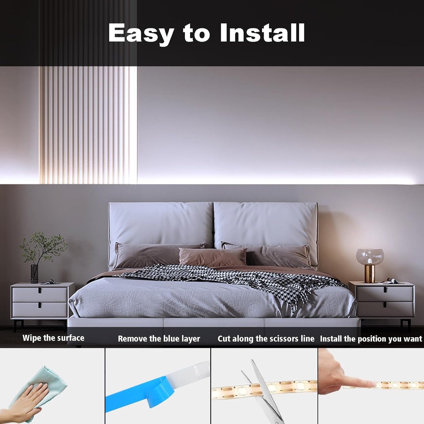echosari Battery Operated LED Strip Lights – Cozy Bedroom Decor Accent Lighting, Cool White 9.8ft 2-Pack with Remote