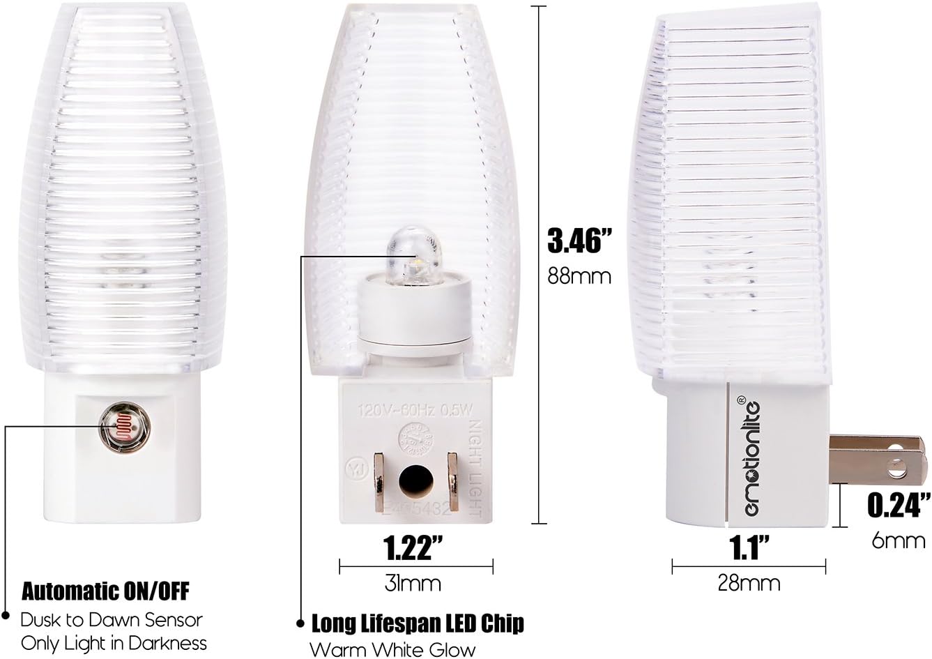 Emotionlite Plug-in Night Light – Nursery and Kids Room Safety Lighting, Warm White Dusk to Dawn Glow