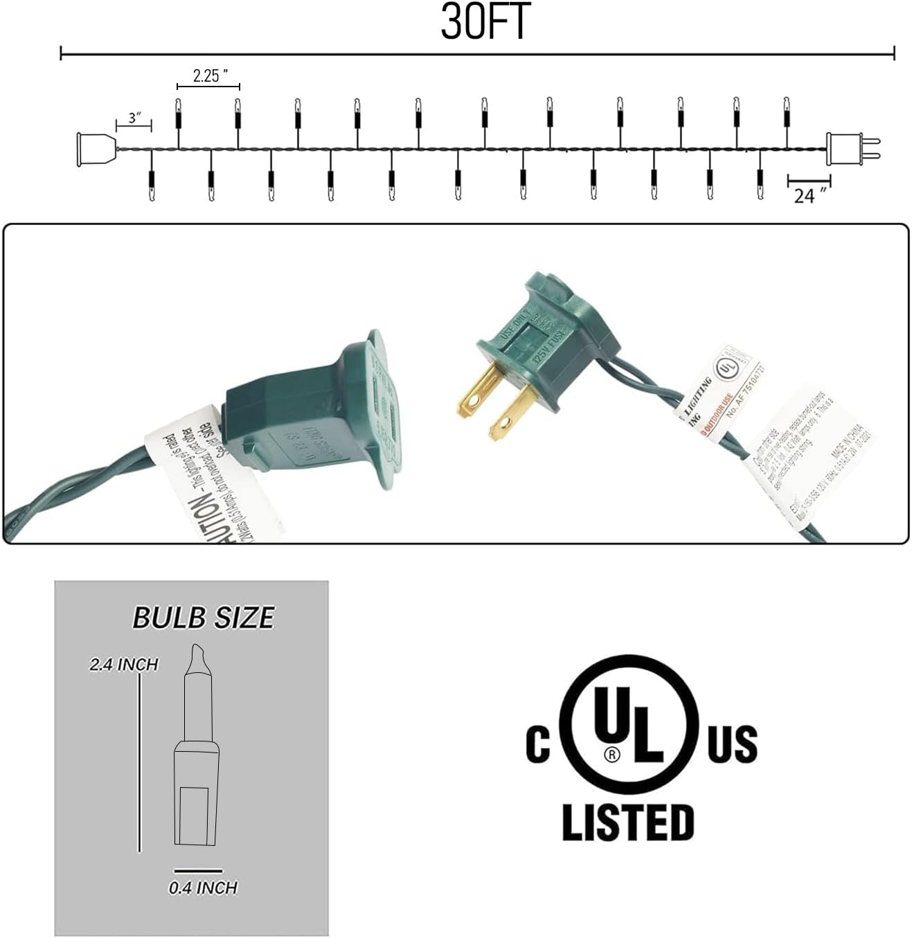 end-to-end male and female connectors allowing up to 4 sets (600 bulbs / 120 feet) to chain together