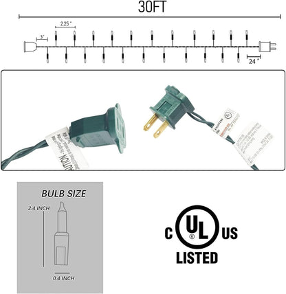 end-to-end male and female connectors allowing up to 4 sets (600 bulbs / 120 feet) to chain together