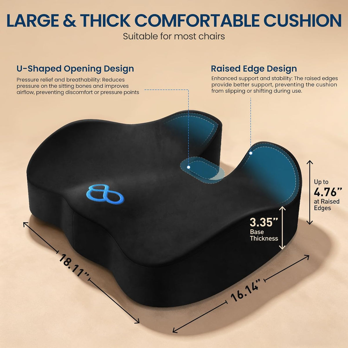 ergonomic semicircular (u-shape) design for tailbone and sciatica pressure relief