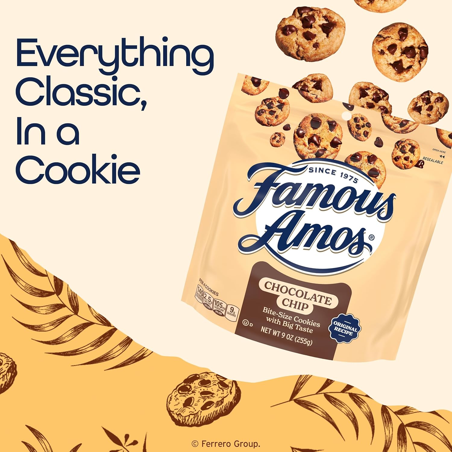 Famous Amos Chocolate Chip Cookies, Nostalgic Gift Bag for Coworkers, Teachers, and Neighbors, 9 oz Resealable Pack