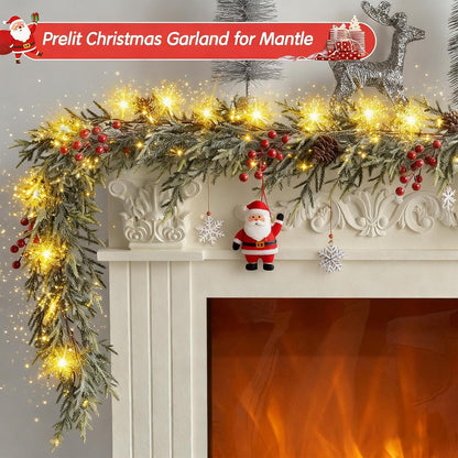 faux pine needles with attached red berries, pine cones, and snowflake-finish surface
