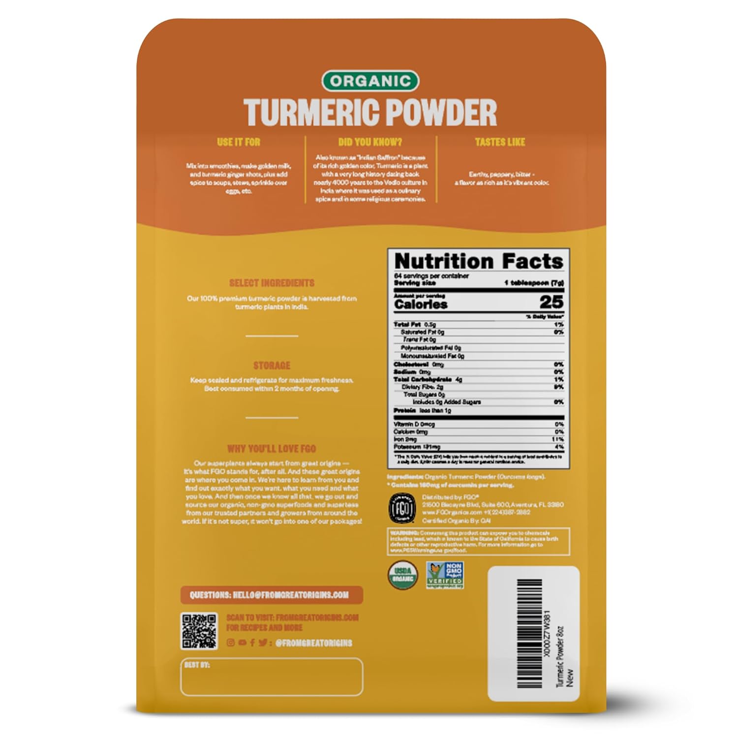 FGO Organic Turmeric Powder – Single-Ingredient Spice for Uncluttered Pantries, Resealable 8oz Pouch