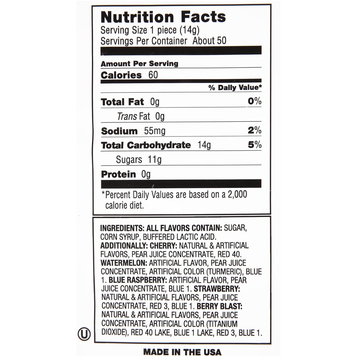 five assorted fruity flavors: strawberry, blue raspberry, watermelon, berry blast, cherry