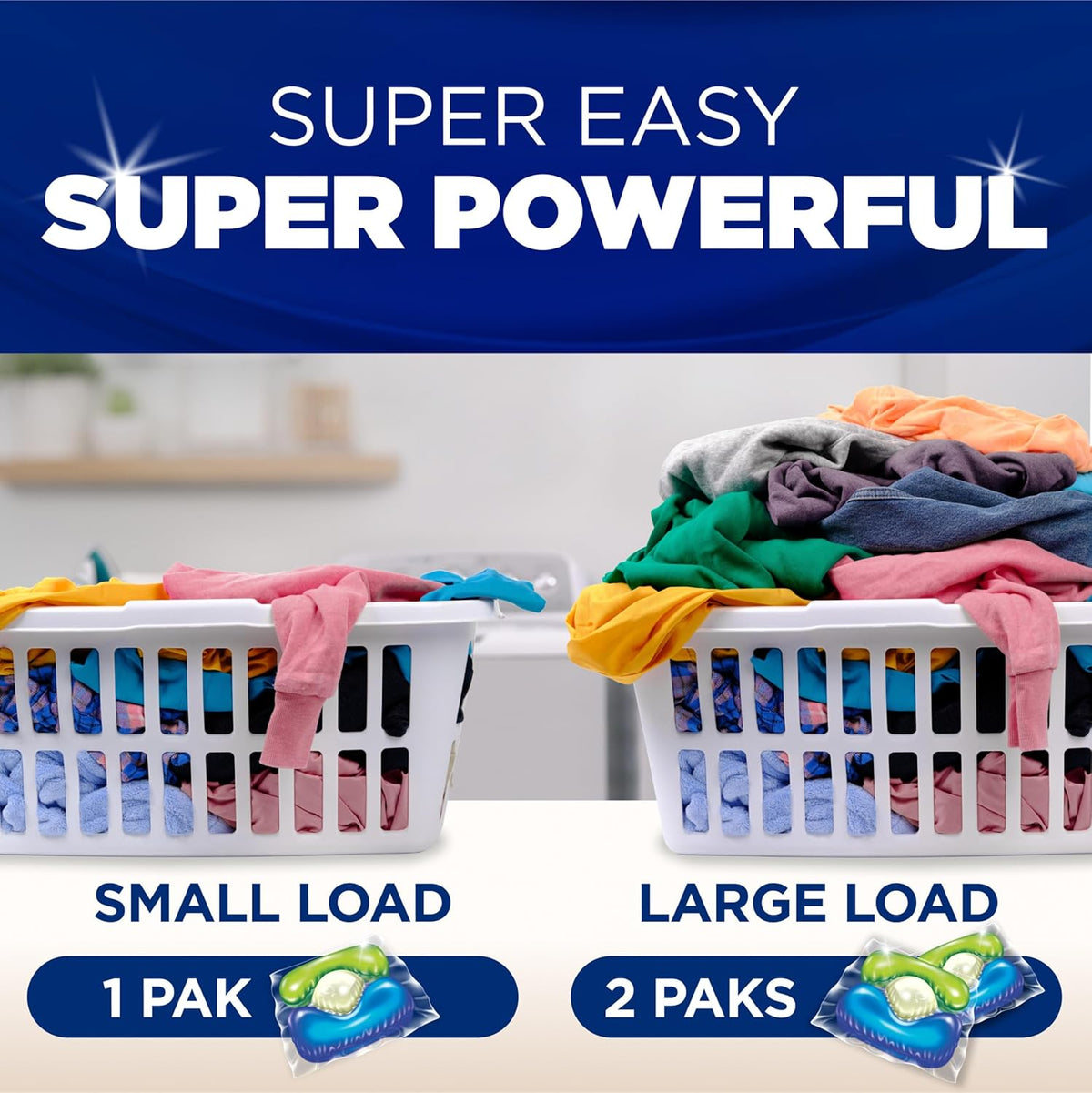 flexible dosing system: one pak for regular loads, two paks for large or heavily soiled loads