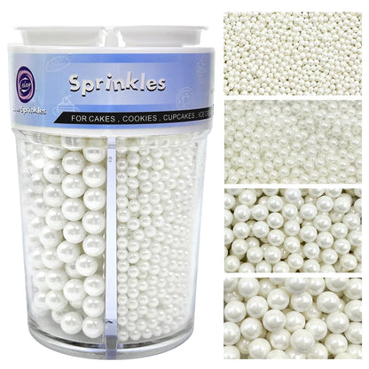 four included sizes: 2mm, 4mm, 7mm, and 10mm pearl sprinkles