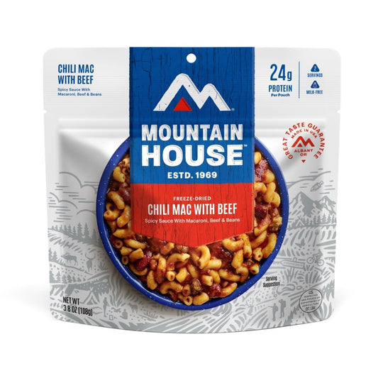 freeze-dried real beef, macaroni noodles, and beans in a single two-serving pouch