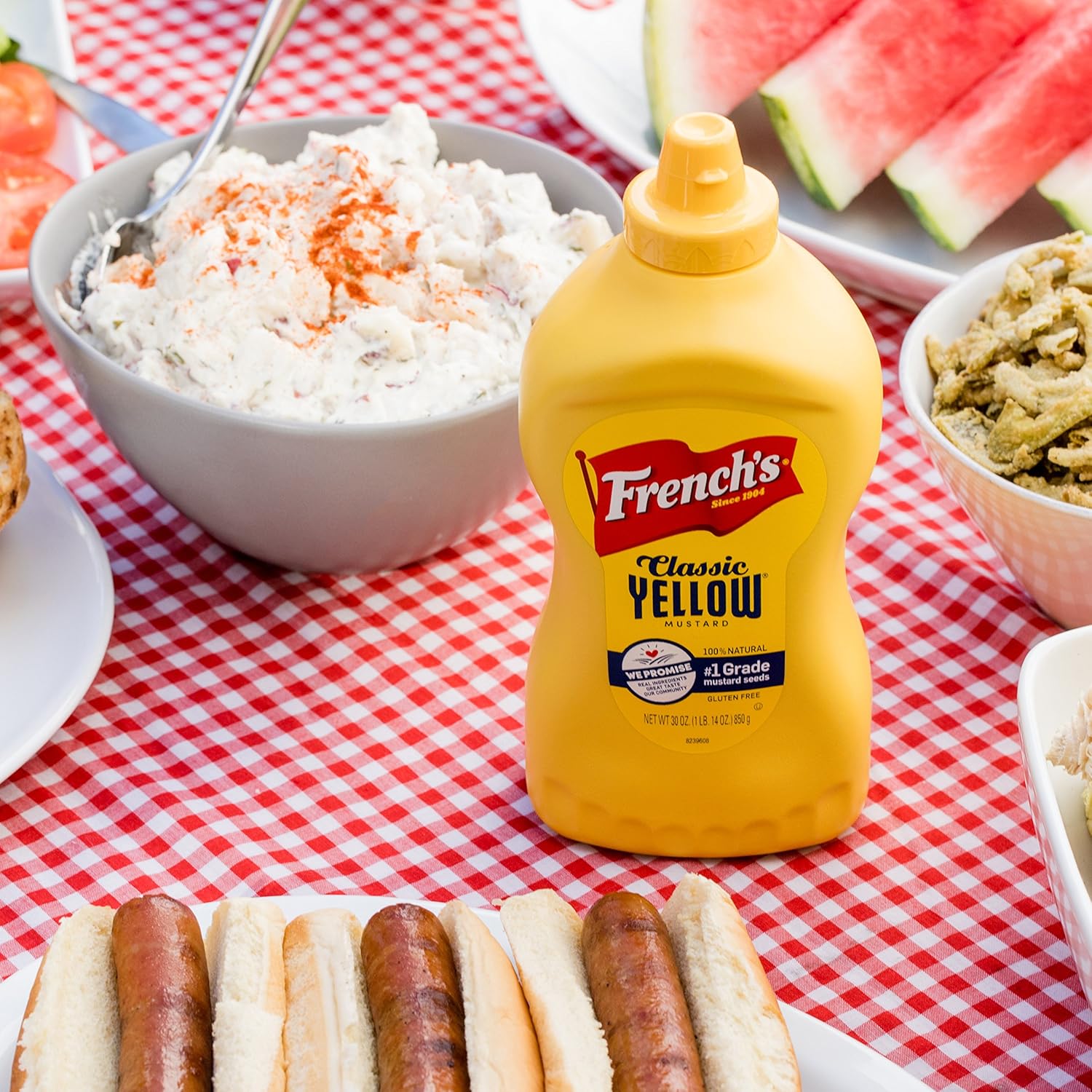 French's Classic Yellow Mustard, 30 oz Squeeze Bottle – Kid-Friendly Condiment for Family Cookouts and Backyard Grilling