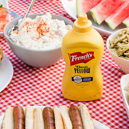 French's Classic Yellow Mustard, 30 oz Squeeze Bottle – Kid-Friendly Condiment for Family Cookouts and Backyard Grilling