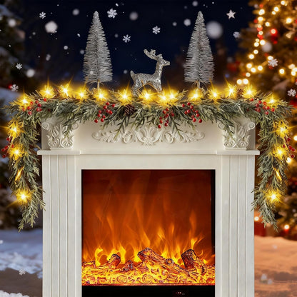Frosted Pine Garland with Snowflake Lights – 6FT Holiday Centerpiece for Living Room Mantle and Cozy Winter Aesthetic