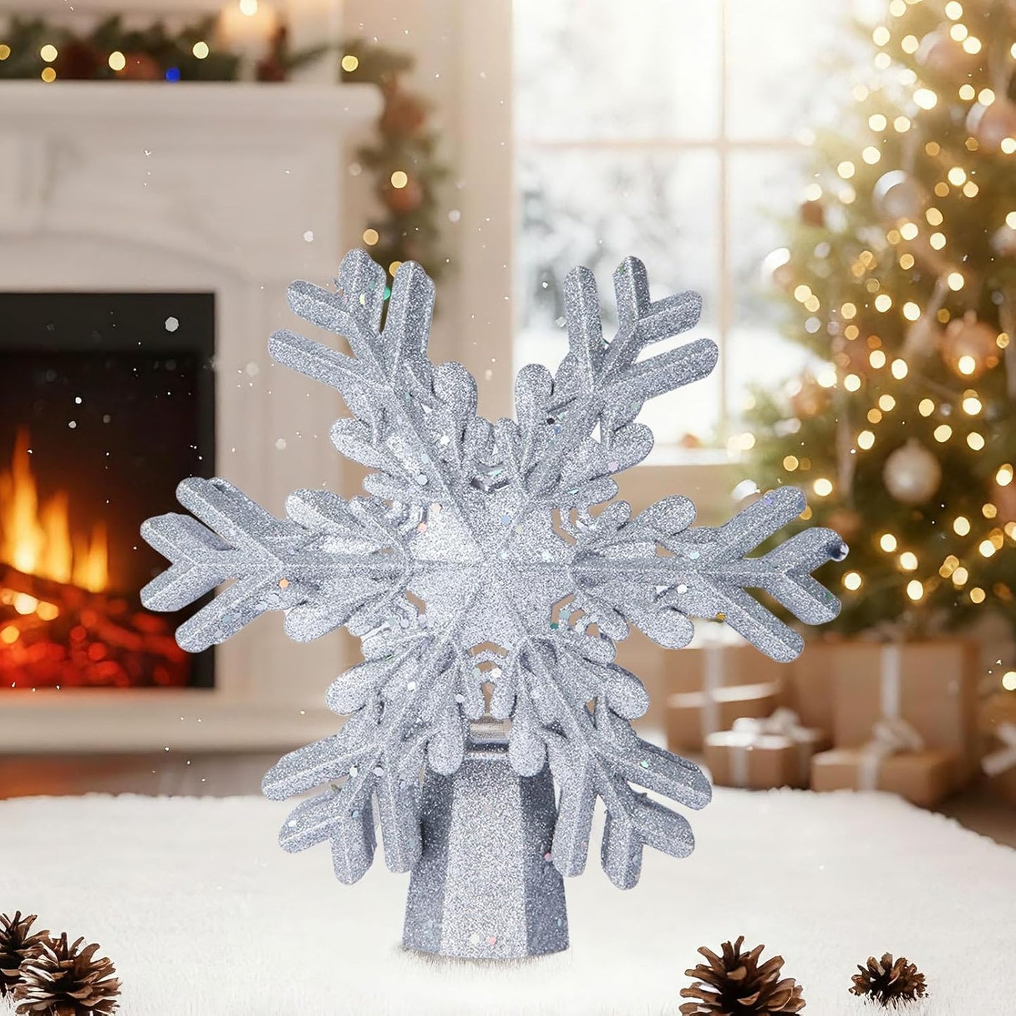 FrostyGlow Christmas Tree Topper – Enchanting Holiday Gift for Mom and Grandparents, Lighted Rotating Snowflake with Projector