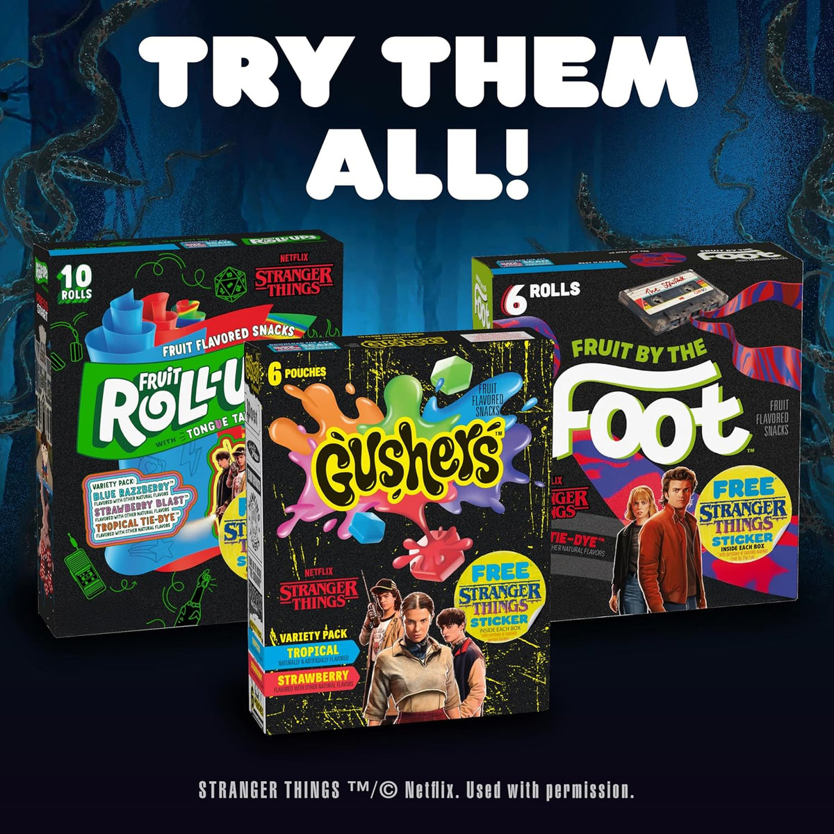 Fruit Roll-Ups Fruit Flavored Snacks Stranger Things Edition Gift Box, Collectible Sticker Snack Pack for Fans, 10 Rolls