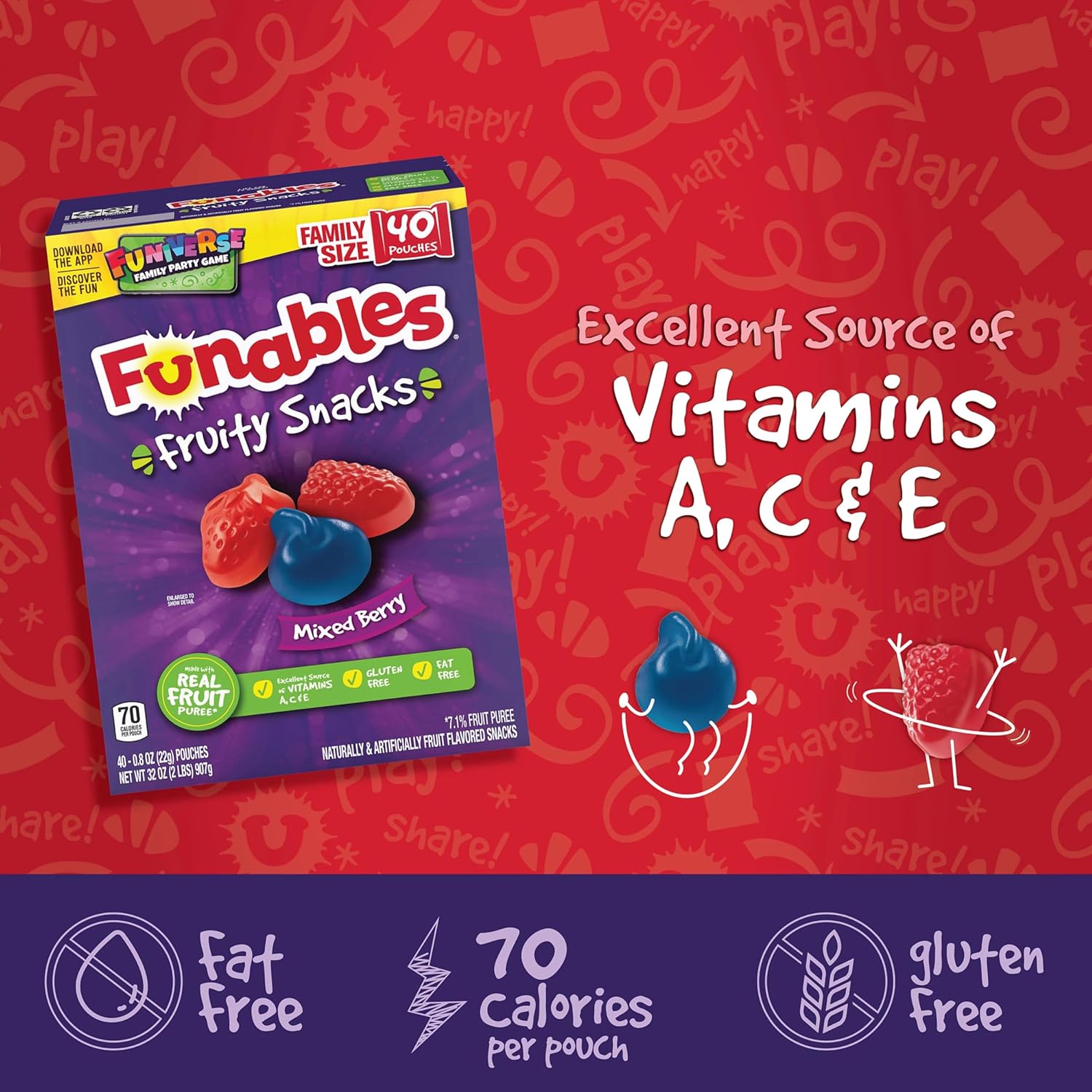 Funables Fruity Snacks, 70 Calorie Mixed Berry Pouches for Office Desk and Focus Snack