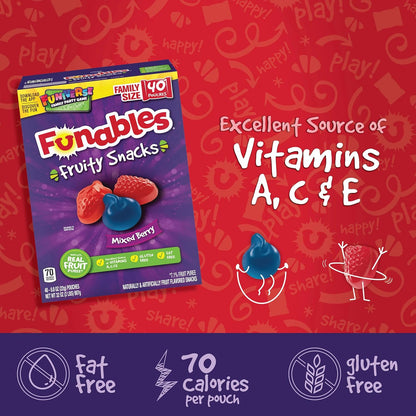 Funables Fruity Snacks, 70 Calorie Mixed Berry Pouches for Office Desk and Focus Snack