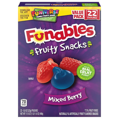 Funables Mixed Berry Fruity Snacks, Individually Wrapped Kids Snack for School Cafeteria and After-School, 22-Count