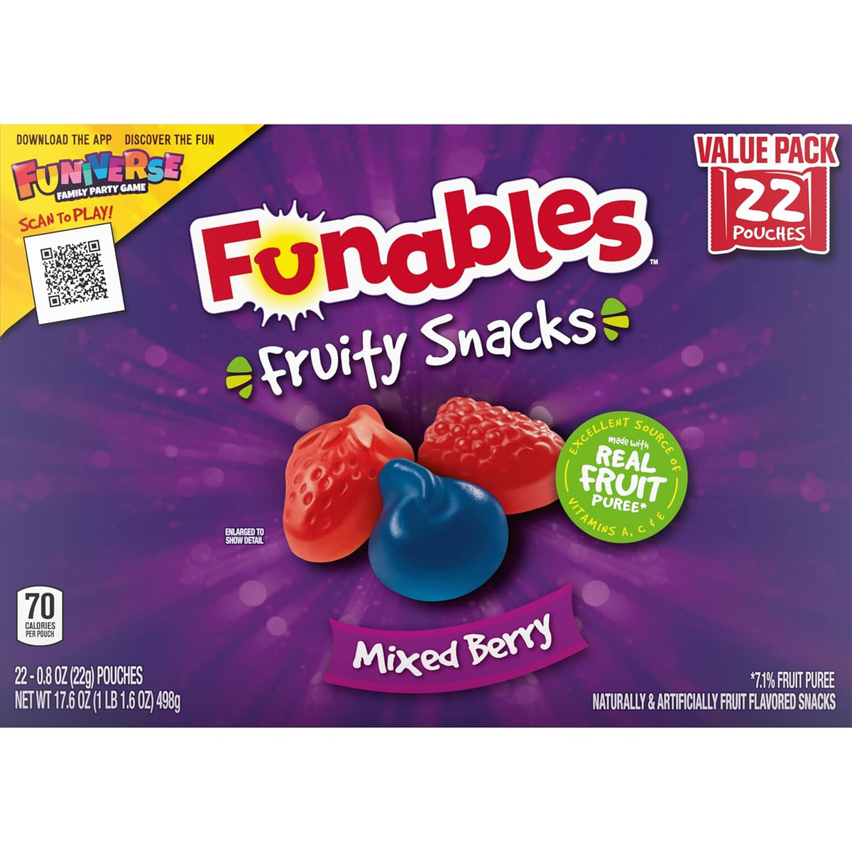 Funables Mixed Berry Fruity Snacks, Individually Wrapped Kids Snack for School Cafeteria and After-School, 22-Count