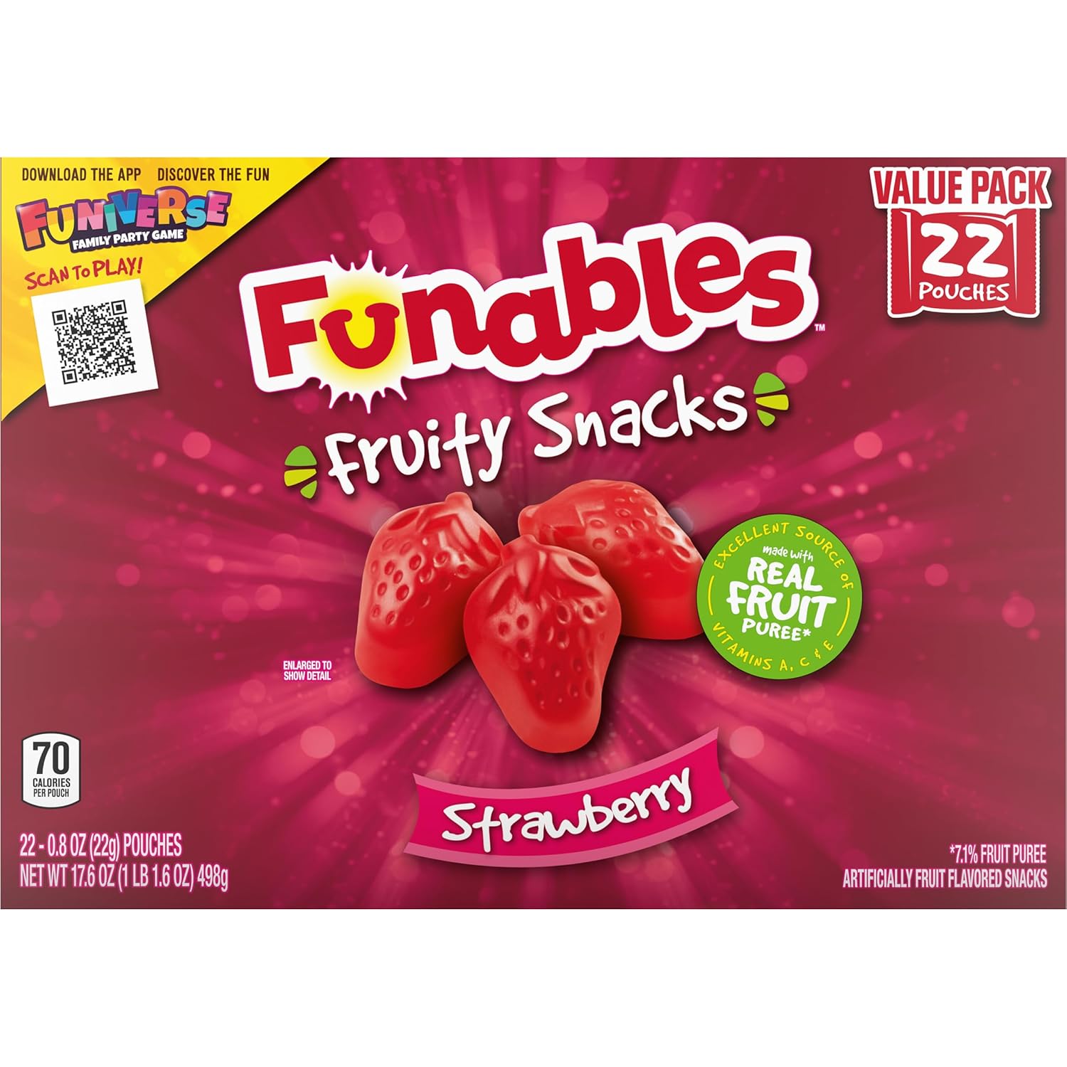 Funables Vitamin-Enriched Strawberry Gummy Snacks for Gym Bags & Office Drawers, 22 Pouches