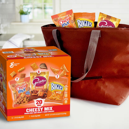 General Mills Cheesy Snack Variety Pack – Hostess Gift Box for Holiday Parties, 20 Bags of Cheddar Chex Mix, Nacho Bugles & Gardetto's