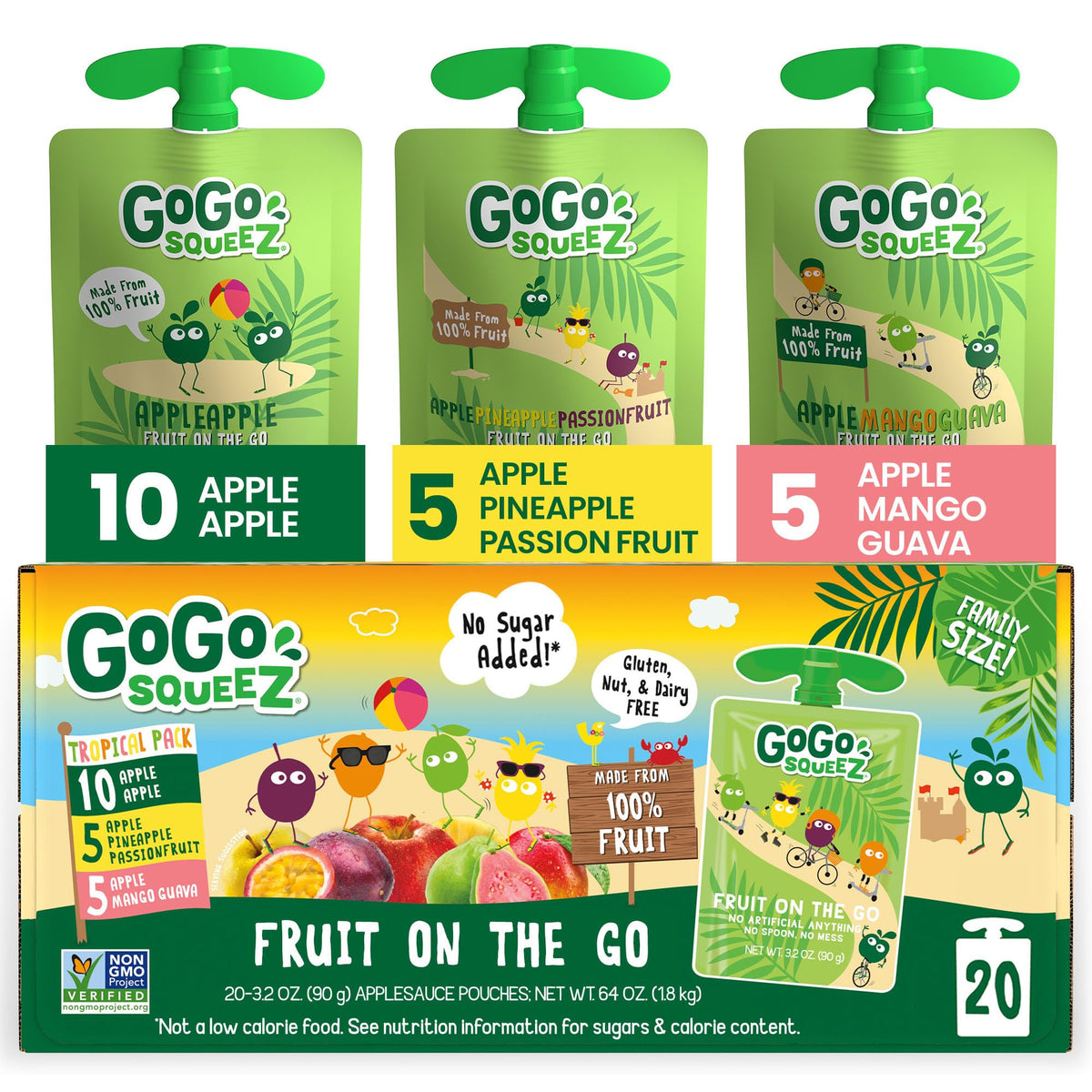 GoGo squeeZ Applesauce and Fruit Puree Variety Pack, Apple, Mango Guava &amp;amp; Pineapple Passionfruit, 3.2 oz (Pack of 20), Unsweetened Fruit Snacks for Kids, No Gluten, Nut &amp;amp; Dairy, BPA Free Pouches
