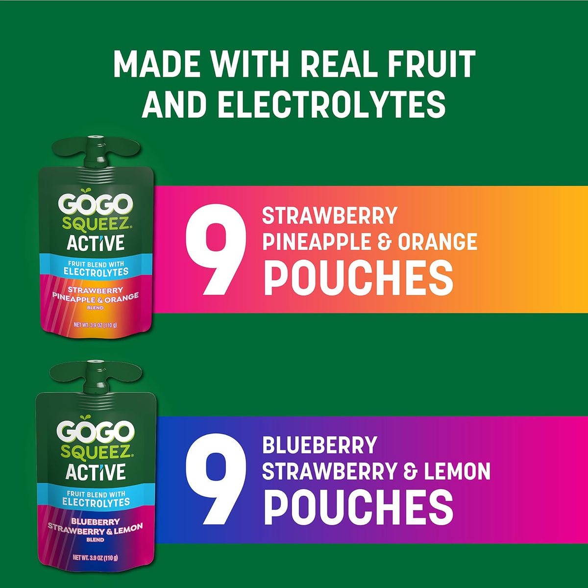GoGo squeeZ Electrolyte Squeeze Pouches – Allergy Friendly After School Snack for Kids, Gluten Free Nut Free Dairy Free 18 Count