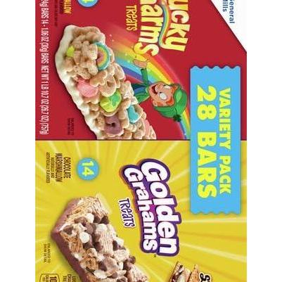 Golden Grahams Lucky Charms Cereal Treat Bars – Nostalgic Care Package Snack Gift for College Students, 28-Count Variety Pack