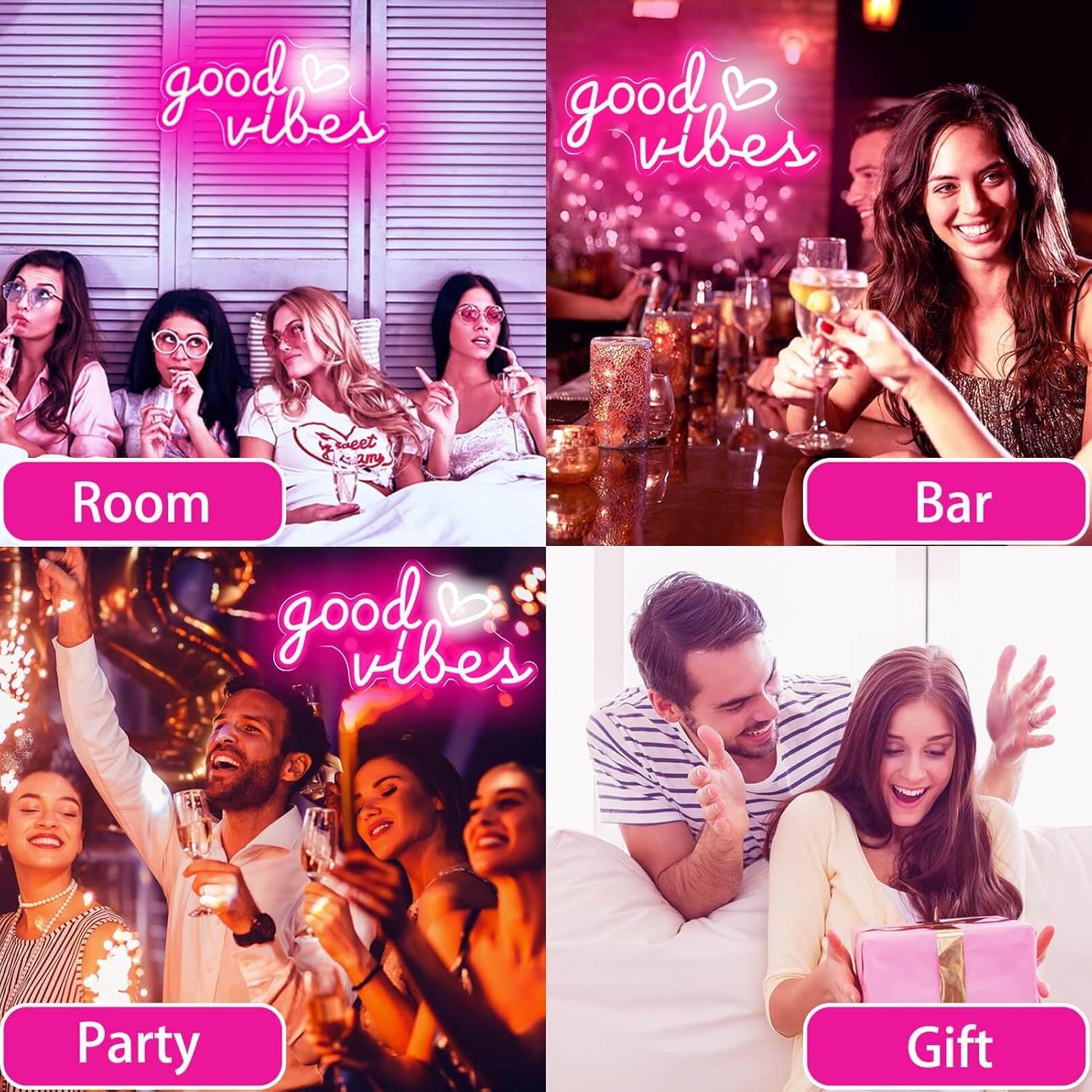 Good Vibes Neon Sign – Heart-Shaped LED Wall Light for Bedroom Aesthetic, USB Powered Pink Decor